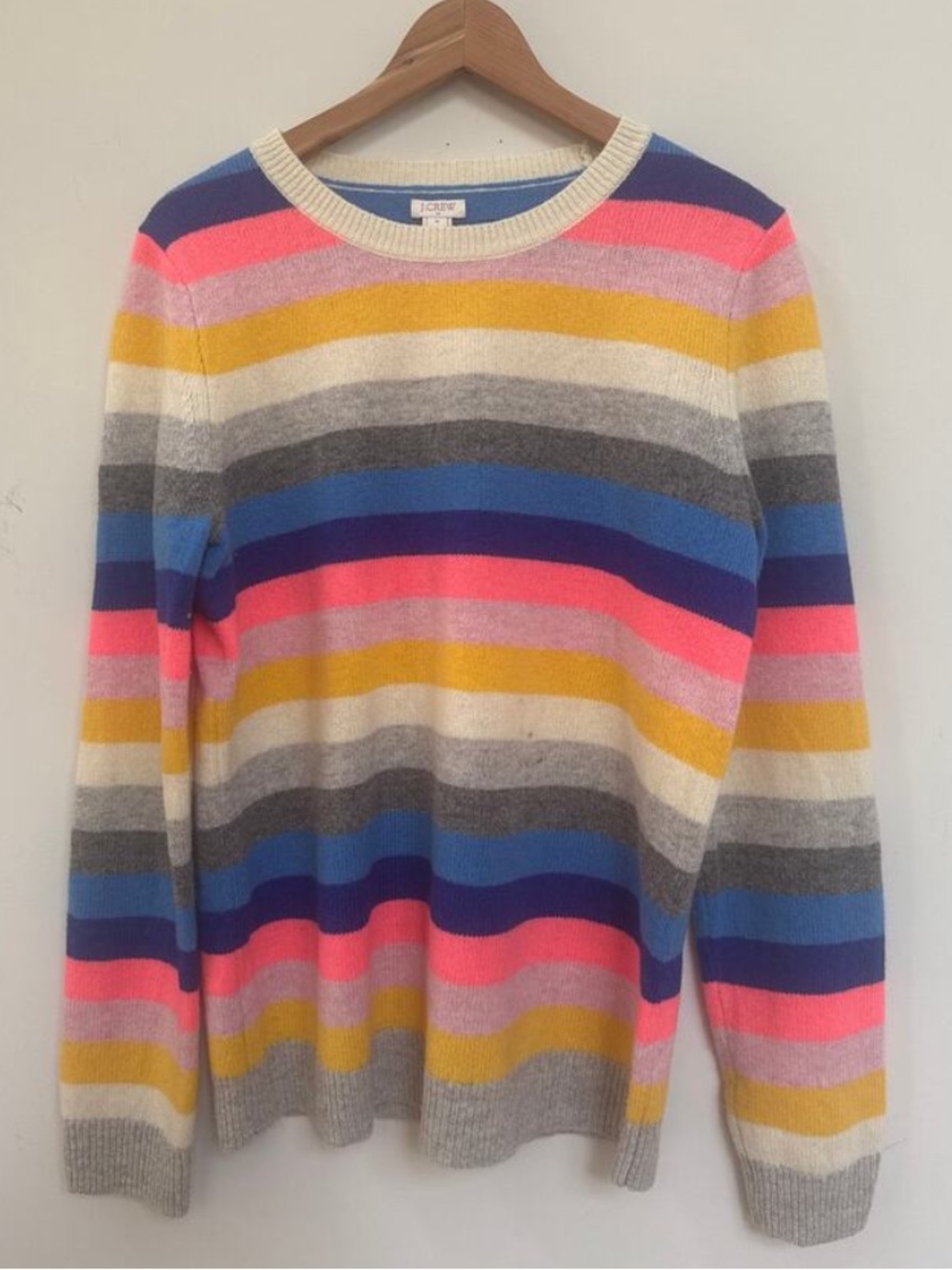 J. Crew Striped Lambswool Mix Crewneck Sweater in Pink, Yellow, Blue,, Cream